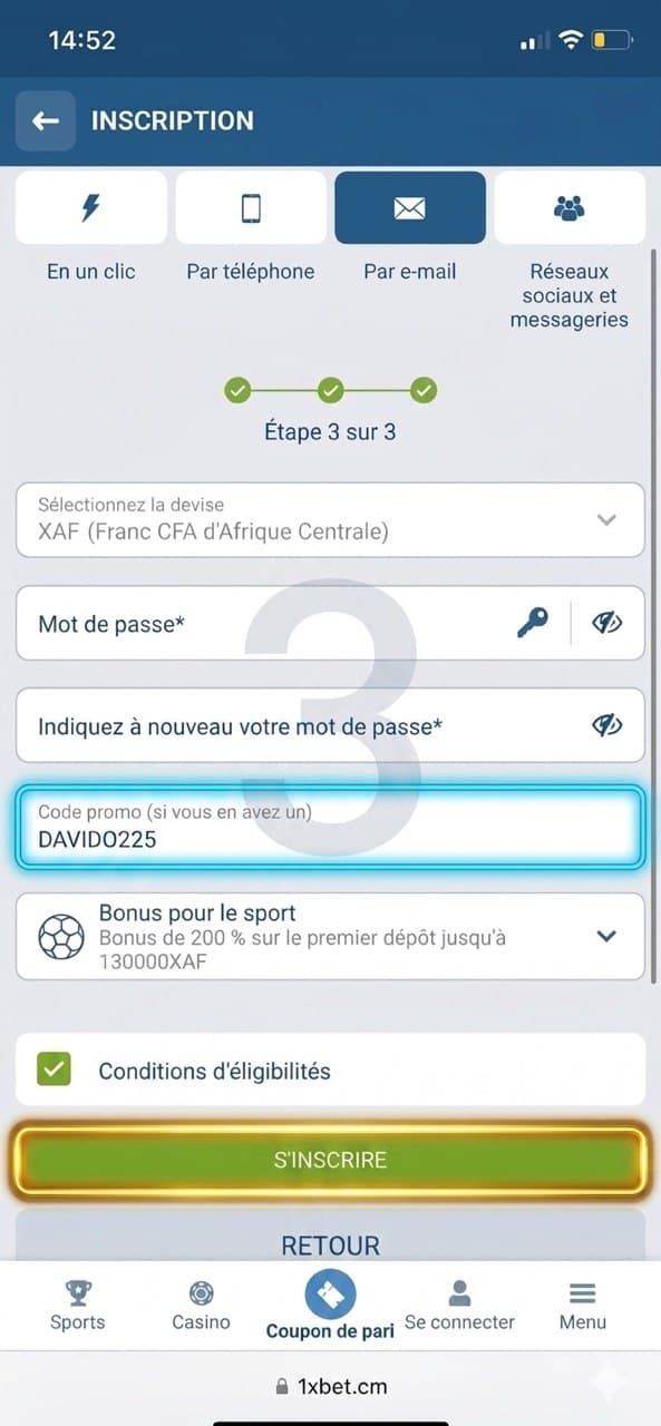 Aperçu du formulaire d'inscription avec code DAVIDO225